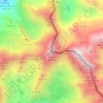 Topografische kaart Pic de Sotllo, hoogte, reliëf