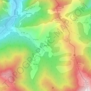 Topografische kaart Axiat, hoogte, reliëf