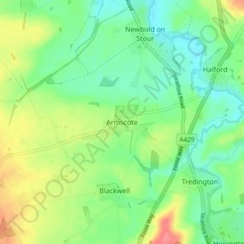 Topografische kaart Armscote, hoogte, reliëf