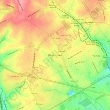 Topografische kaart Havertown, hoogte, reliëf