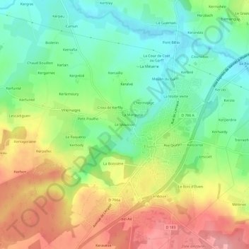 Topografische kaart Le Moustoir, hoogte, reliëf