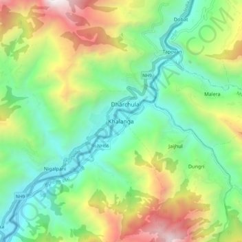 Topografische kaart Khalanga, hoogte, reliëf