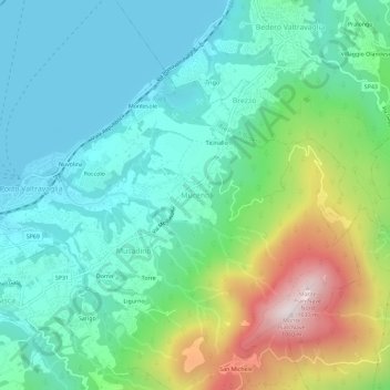 Topografische kaart Muceno, hoogte, reliëf