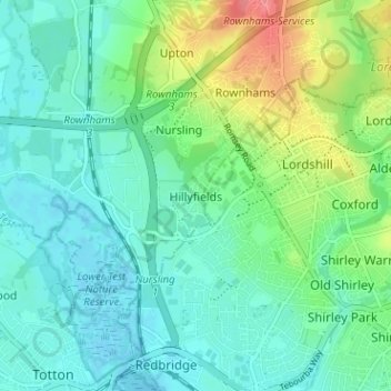 Topografische kaart Hillyfields, hoogte, reliëf
