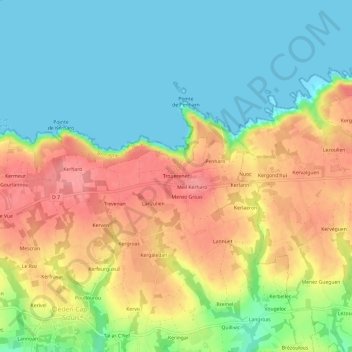 Topografische kaart Trouerenec, hoogte, reliëf