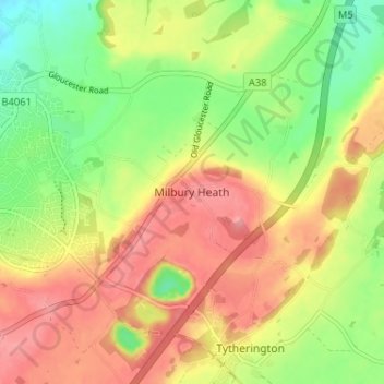 Topografische kaart Milbury Heath, hoogte, reliëf