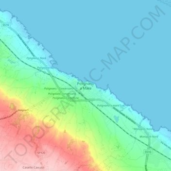 Topografische kaart Polignano a Mare, hoogte, reliëf