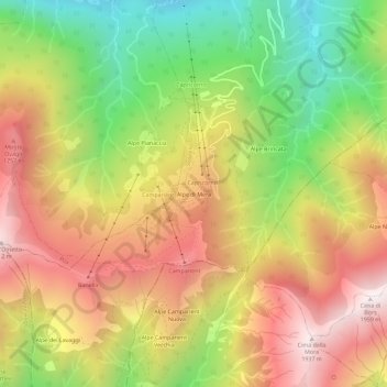 Topografische kaart Alpe di Mera, hoogte, reliëf