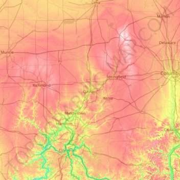 Topografische kaart Dayton, hoogte, reliëf