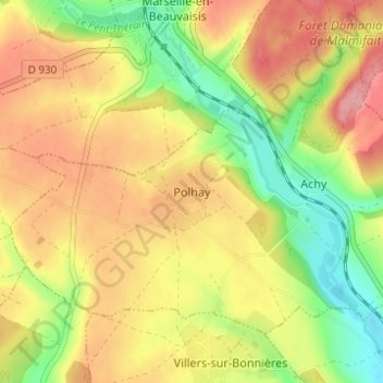Topografische kaart Polhay, hoogte, reliëf