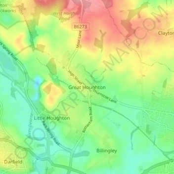 Topografische kaart Great Houghton, hoogte, reliëf