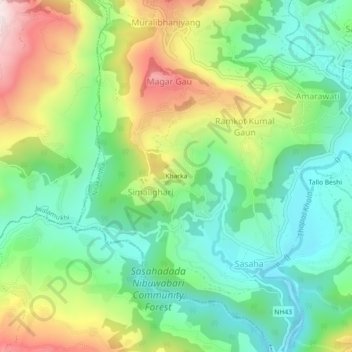 Topografische kaart Kharka, hoogte, reliëf