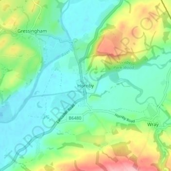 Topografische kaart Hornby, hoogte, reliëf