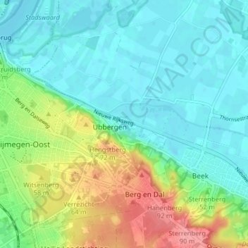 Topografische kaart Ubbergen, hoogte, reliëf