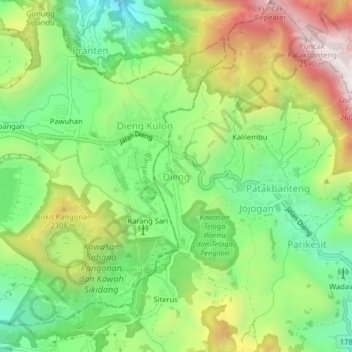 Topografische kaart Dieng, hoogte, reliëf