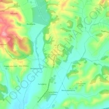 Topografische kaart Monteaperti, hoogte, reliëf
