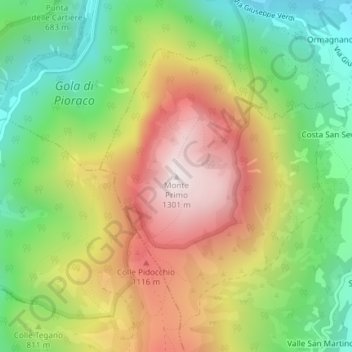 Topografische kaart Monte Primo, hoogte, reliëf