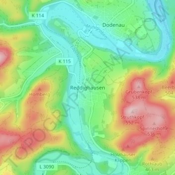 Topografische kaart Reddighausen, hoogte, reliëf