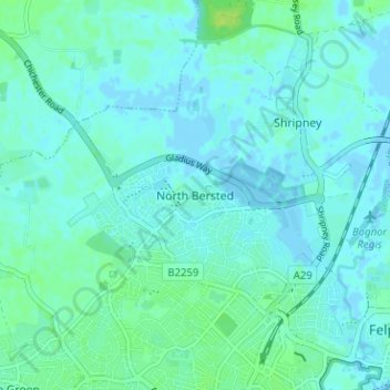 Topografische kaart North Bersted, hoogte, reliëf