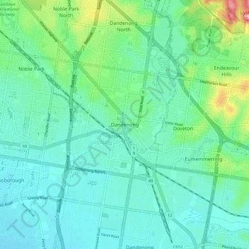 Topografische kaart Dandenong, hoogte, reliëf