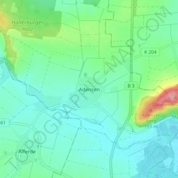 Topografische kaart Adensen, hoogte, reliëf
