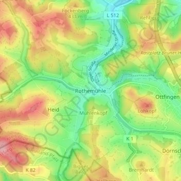 Topografische kaart Rothemühle, hoogte, reliëf