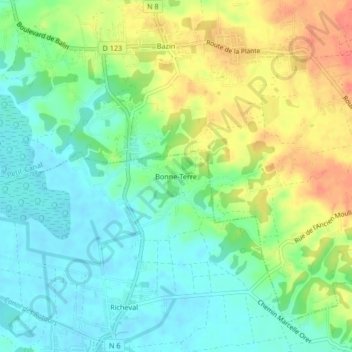 Topografische kaart Bonne-Terre, hoogte, reliëf