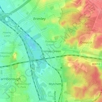 Topografische kaart Frimley Green, hoogte, reliëf