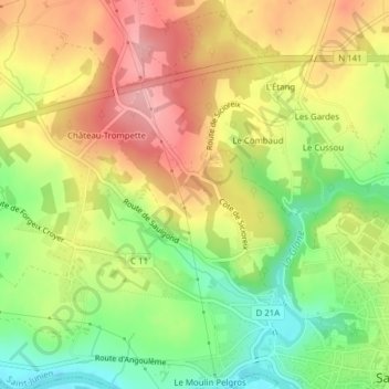 Topografische kaart Les Pieds Bots, hoogte, reliëf