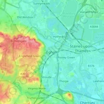 Topografische kaart Egham, hoogte, reliëf