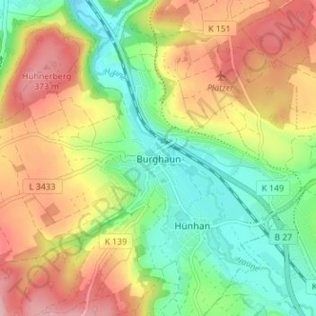 Topografische kaart Burghaun, hoogte, reliëf