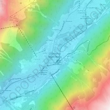 Topografische kaart Chamonix-Mont-Blanc, hoogte, reliëf