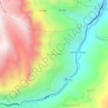 Topografische kaart Yanacocha, hoogte, reliëf