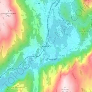 Topografische kaart Haukeland, hoogte, reliëf