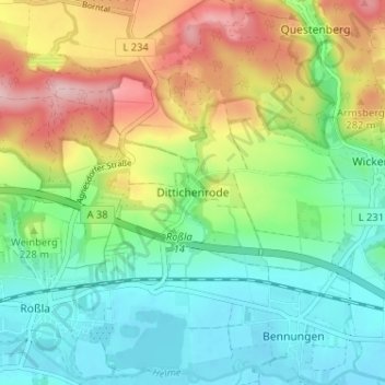 Topografische kaart Dittichenrode, hoogte, reliëf