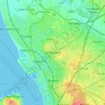 Topografische kaart Litherland, hoogte, reliëf
