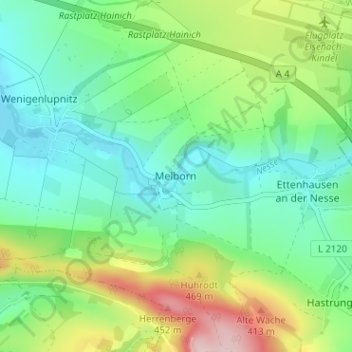 Topografische kaart Melborn, hoogte, reliëf