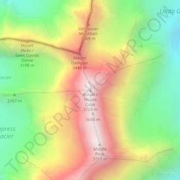 Topografische kaart Aoraki / Mount Cook, hoogte, reliëf