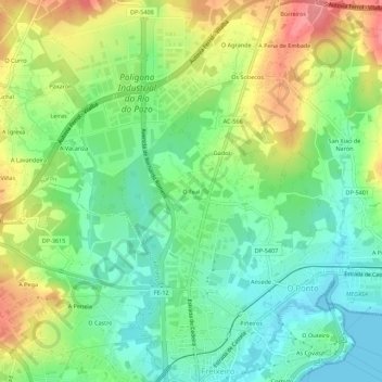 Topografische kaart O Feal, hoogte, reliëf