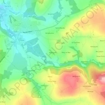 Topografische kaart Kerangoff, hoogte, reliëf
