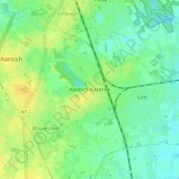 Topografische kaart Kontich-Kazerne, hoogte, reliëf