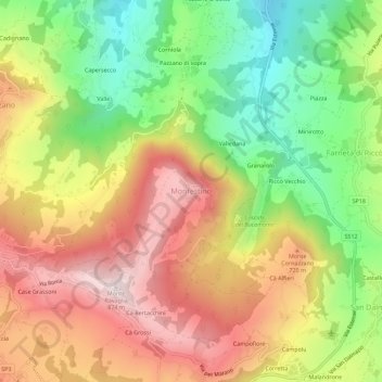 Topografische kaart Monfestino, hoogte, reliëf
