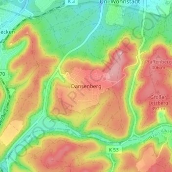 Topografische kaart Dansenberg, hoogte, reliëf