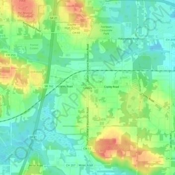 Topografische kaart Copley, hoogte, reliëf