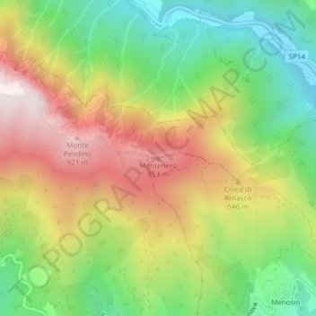Topografische kaart Montenero, hoogte, reliëf
