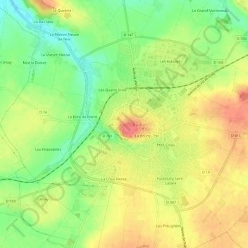 Topografische kaart Le Bourg-ouest, hoogte, reliëf