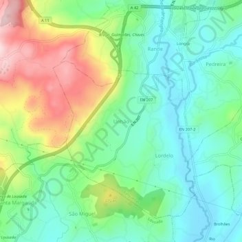 Topografische kaart Unhão, hoogte, reliëf