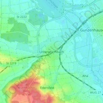 Topografische kaart Unterwurmbach, hoogte, reliëf
