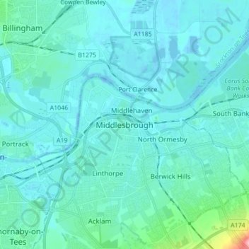 Topografische kaart Middlesbrough, hoogte, reliëf