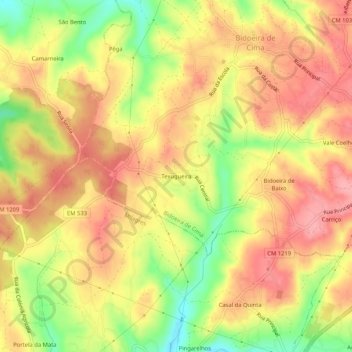 Topografische kaart Texugueira, hoogte, reliëf